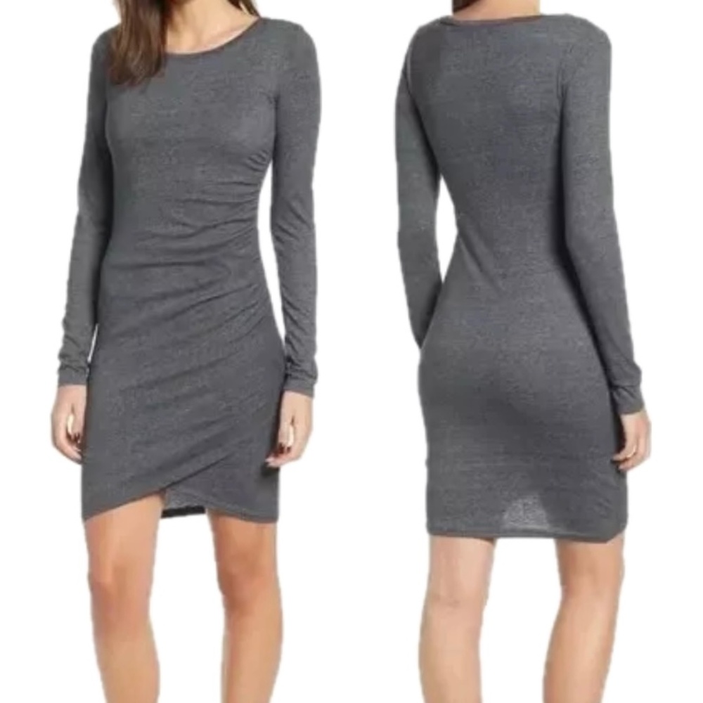 Leith Ruched Long Sleeve Dress - Grey Charcoal Heather  - Size Small